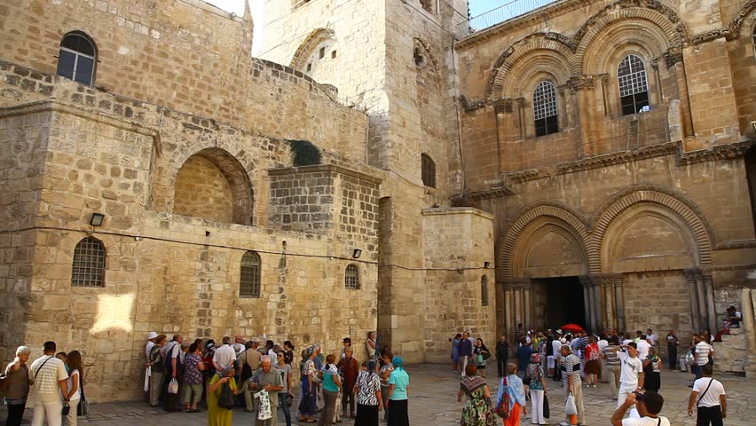 JERUSALEM, ISRAEL - CIRCA OCT 2011: Crowds gather around the entrance to the Church of the Holy Sepulchre circa October 2011 in Jerusalem.