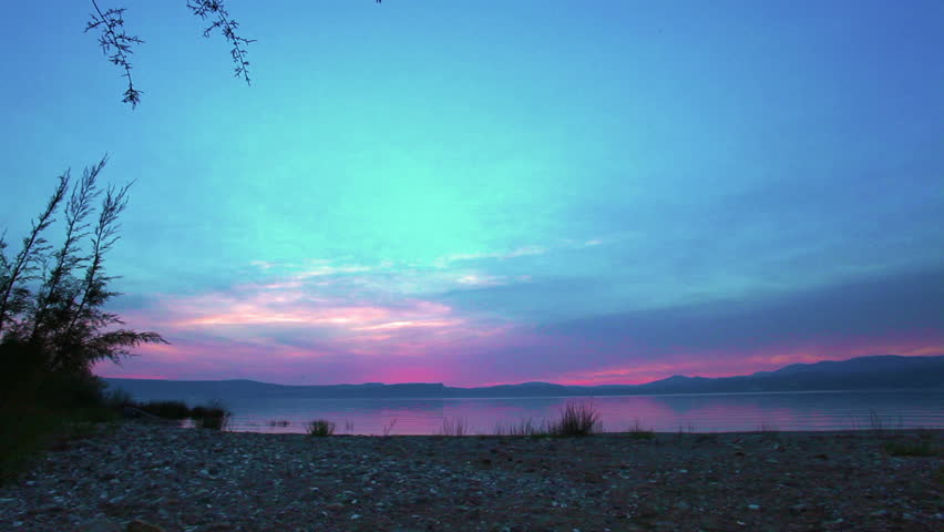 Slider dolly up and back through two trees/shrubs on the shore of the Sea of Galilee/Lake Tiberius in Israel at dusk. 