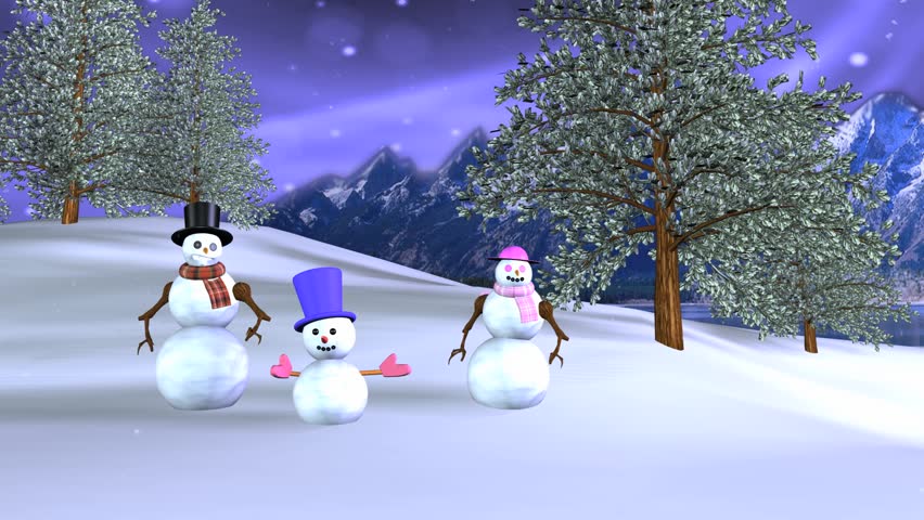 3d animated scene of a snowman family walking through the snow and then turning to watch the sunrise.