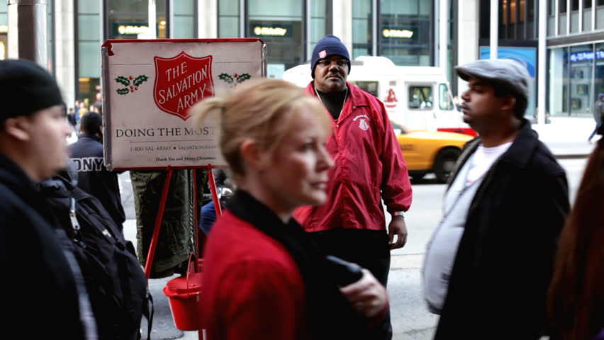 NEW YORK CITY, NY - NOVEMBER 24: Male at Salvation Army asking for donations on Thanksgiving Day November 24, 2011 in New York City, New York. 