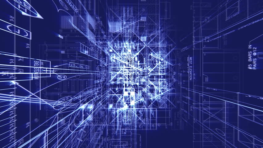 Fly through schematic architectural blueprints rotating loop background.