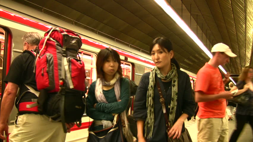 PRAGUE- CZECH REPUBLIC- AUGUST 2011: (Timelapse View) People enter and exit train in metro station. 