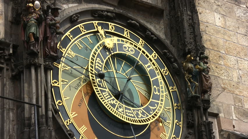 Astronomical Clock. Hourly show of figures of the Apostles and other moving sculptures.  Close up shot. 
