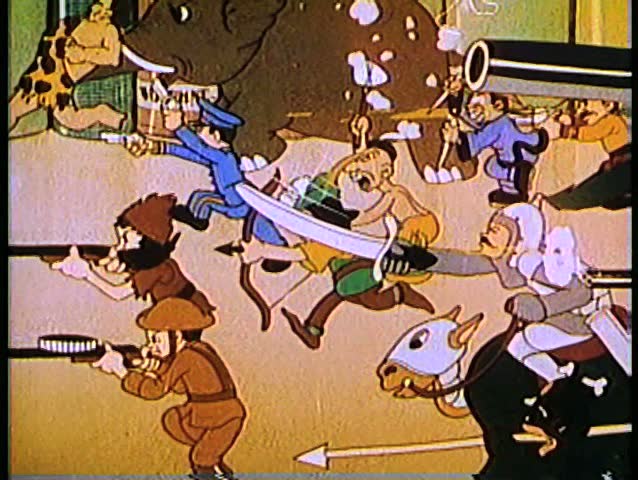 Wide shot angry cartoon characters with weapons charging