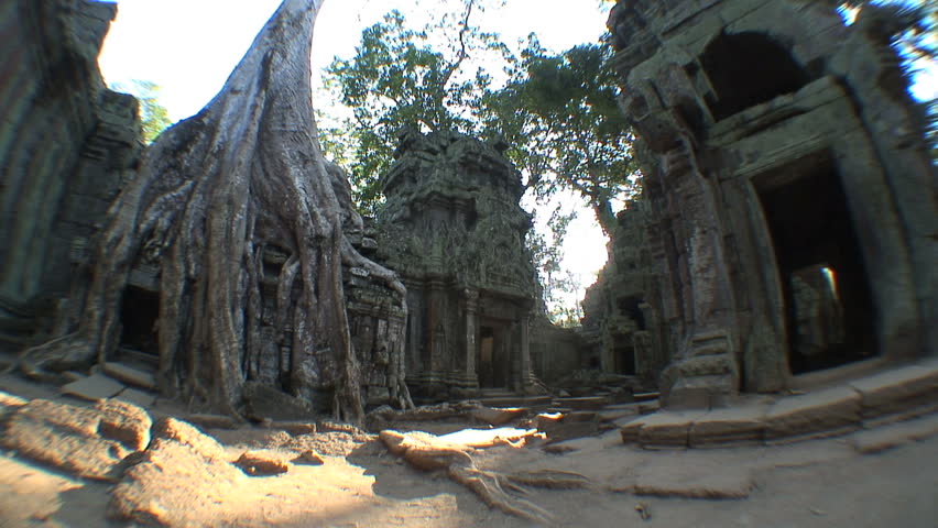 ANGKOR WAT, CAMBODIA - DECEMBER 15, 2007:  Fisheye view of a Temple at Ta Prohm