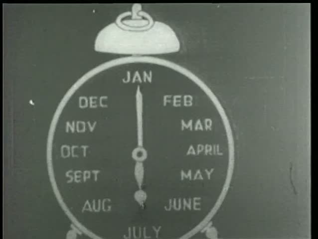 Close-up of cartoon alarm clock labeled January through December