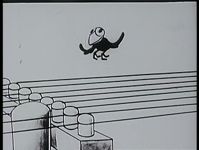 Cartoon of bird plucking telephone lines like guitar strings