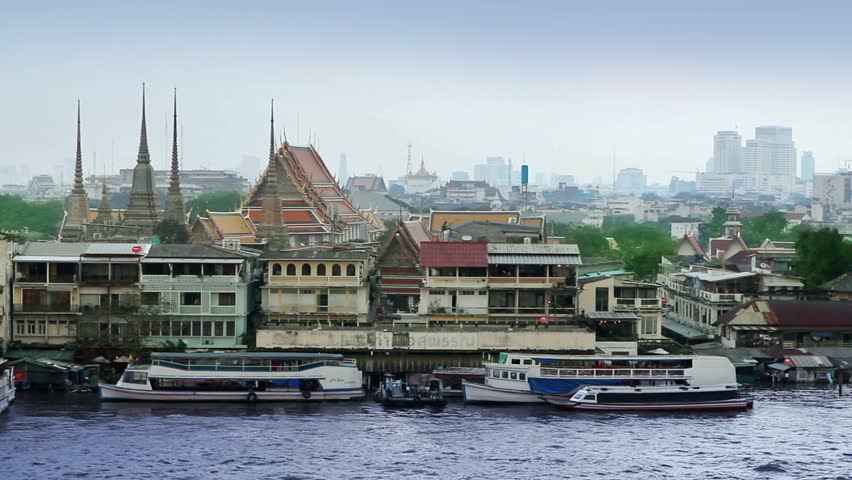 Bangkok river view from wat phraya. Grand palace is seen