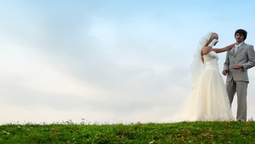 groom takes bride on hands and carries away it on meadow against sky