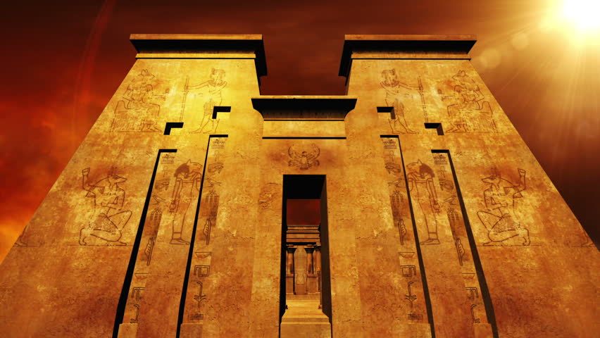 Egyptian Shrine with Pyramid in the sunset - dolly Realistic 3D render and clouds footage