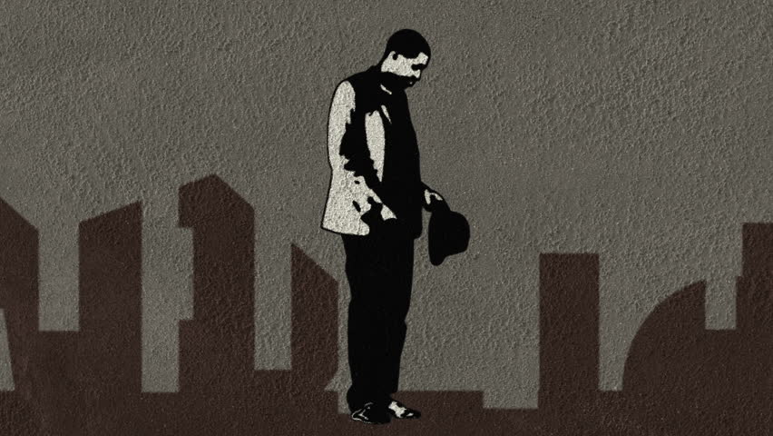 Man puts on a hat and dances in front of a silhouette of a city and floating effects in the background