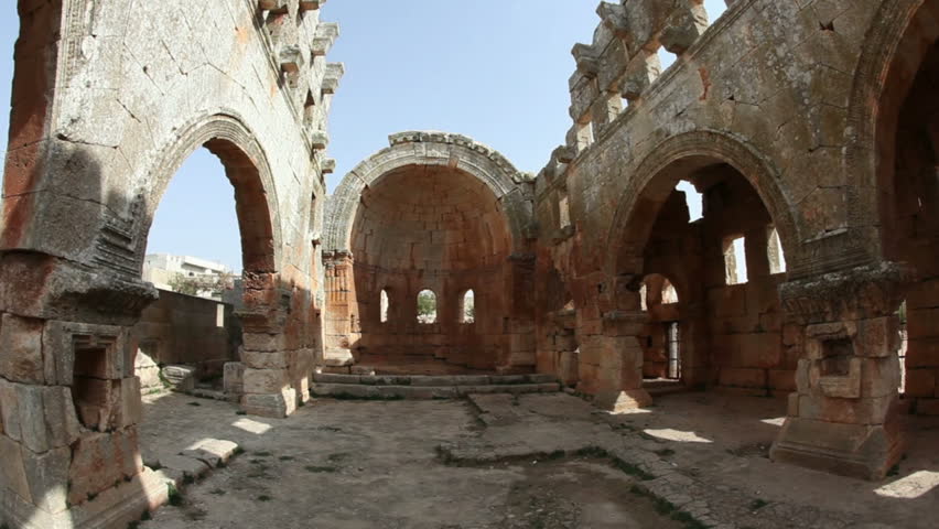 This is one of the best preserved Syrian - Byzantine ecclesiastical building (5th century). Three-nave cathedral. Location The Dead Cities, Qalb Lozeh near Serjilla. Fish-eye shot.