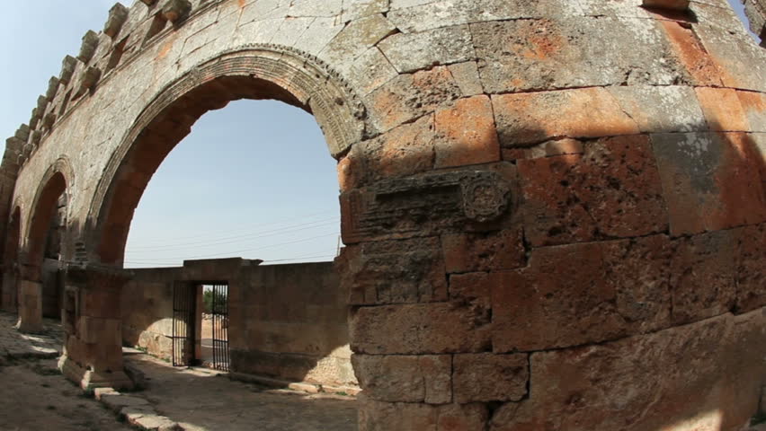This is one of the best preserved Syrian - Byzantine ecclesiastical building (5th century). Three-nave cathedral. Location The Dead Cities, Qalb Lozeh near Serjilla. Fish-eye shot.