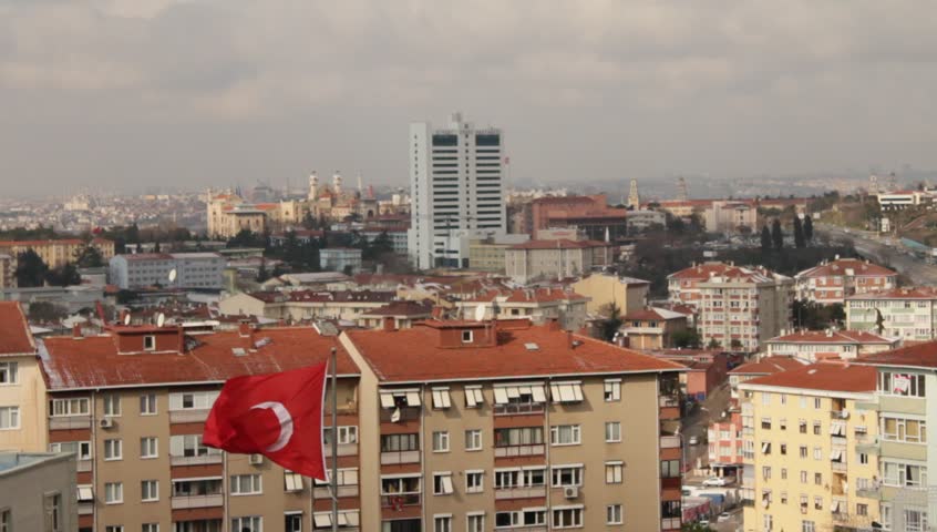 Turkish flag and Istanbul skyline with Blue Mosque,  Hagia Sophia, Selimiye barracks, Marmara university