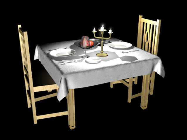Table Setting For Two. 3D animation of a table setting being assembled with cloth, dishes, chairs and a chandelier with realistic lighting. Includes Alpha Channel for easy compositing.
