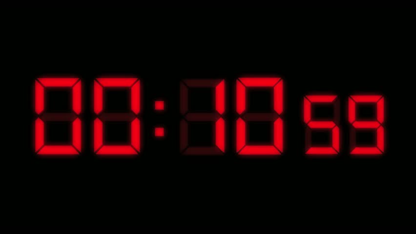 Computer generated animation of digital alarm clock LEDs counting down from ten seconds.