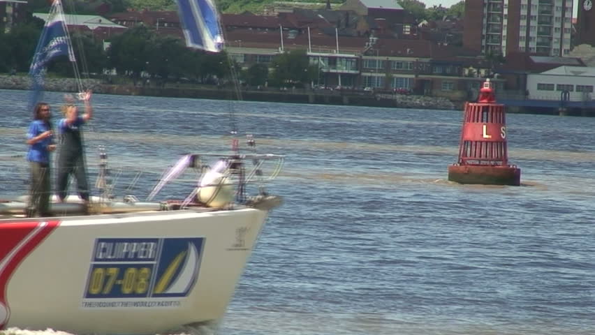 Liverpool 08 crosses the finishing line in Liverpool, in the 07-08 round the world clipper race July 6th 2008