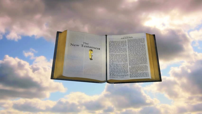 Christian Bible emerging from clouds to reveal books of the bible