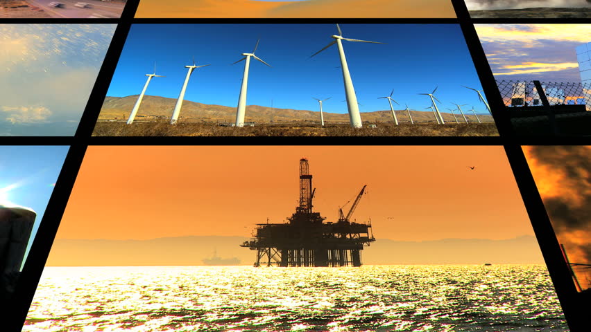 Montage contrast  of renewable clean energy with types fossil fuel pollution and the damage it can cause