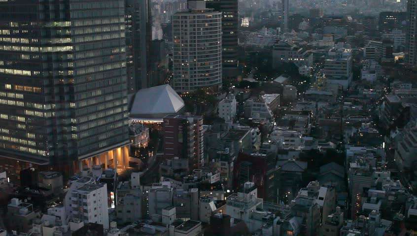 Aerial view of office and residential buildings in downtown Tokyo, Japan during night