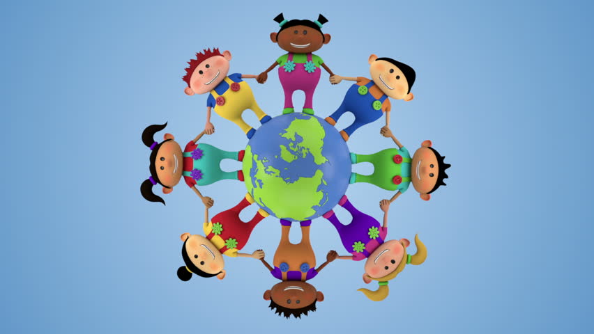 cute multi-ethnic kids holding hands around spinning globe - high quality 3d animation - loopable
