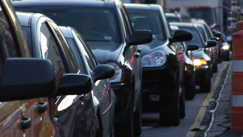 Traffic jam. Heavy congestion on the lower east side of Manhattan due to construction. Closeup. 