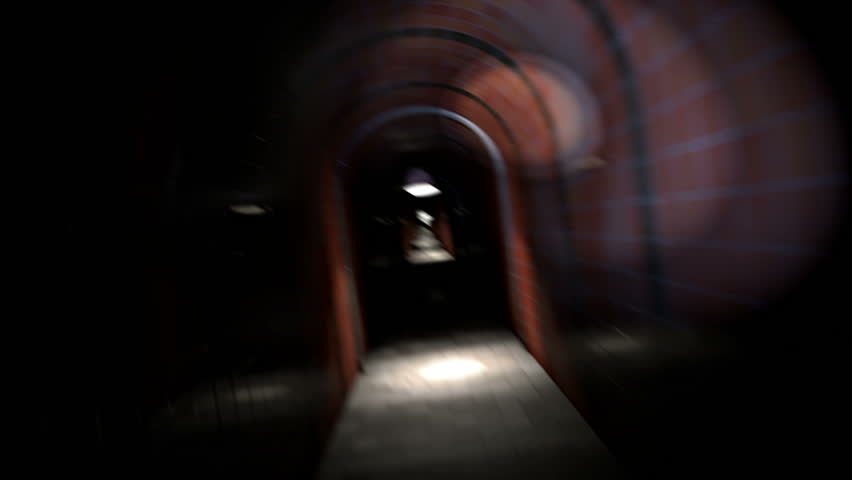 Point of view animation of a person in great panic running through a sparsely lit hallway