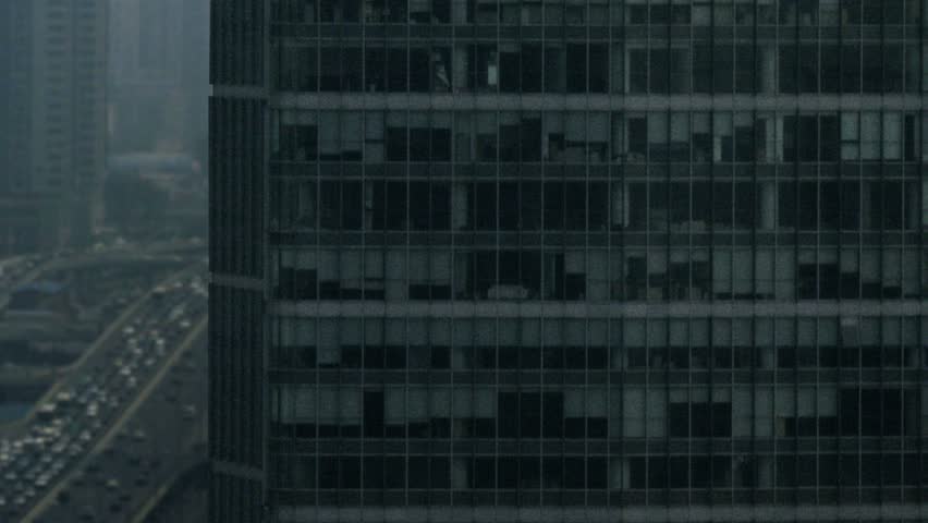 Timelapse side track aerial view of Central Business District in Beijing, China.