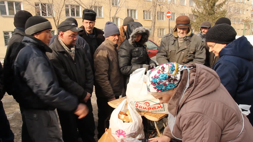 MARCH 1 - UFA, RUSSIA: 
Distribution of hot meals to homeless persons on March 1, 2012 in UFA, Russia. 