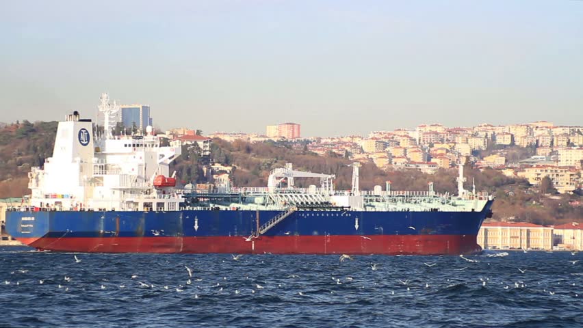 ISTANBUL - DECEMBER 10: Oil Products Tanker, ANGELICA AN (IMO: 9198290, Malta) sails in Bosporus Sea on December 10, 2011 in Istanbul. 50,000 ships pass through the Straits every year.