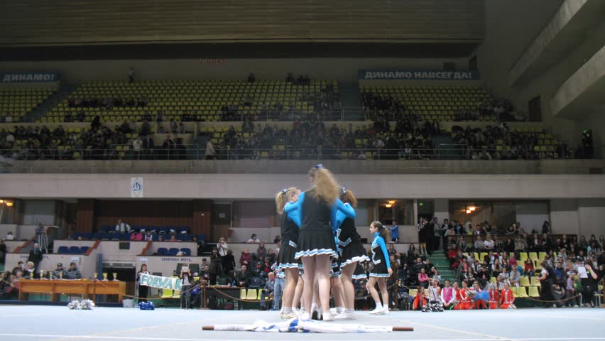 MOSCOW - MAR 24: (Timelapse View) Forward team participates in Annual competitions of Championship of Moscow on cheerleading in Dynamo sports palace, on March 24, 2012 in Moscow, Russia