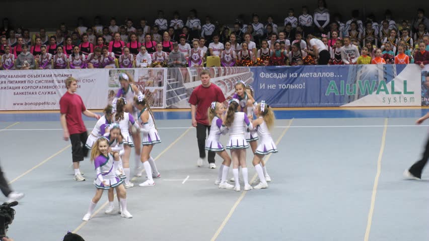 MOSCOW - MAR 24: (Timelapse View) Panthers team participates in Annual competitions of Championship of Moscow on cheerleading in Dynamo sports palace, on March 24, 2012 in Moscow, Russia