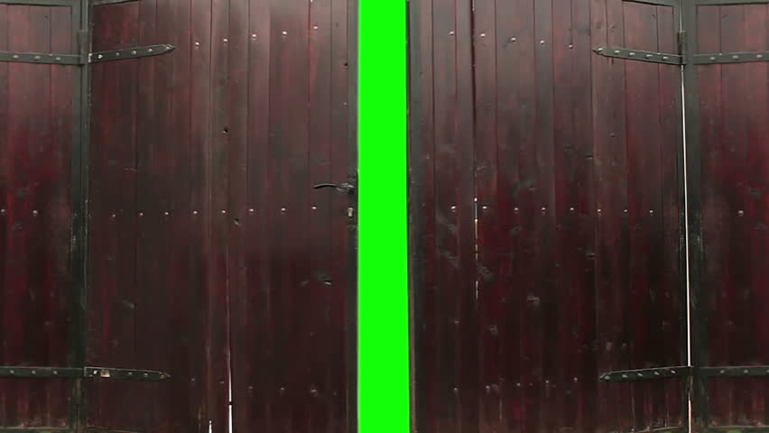 Green screen, gate opening, revealing green screen.