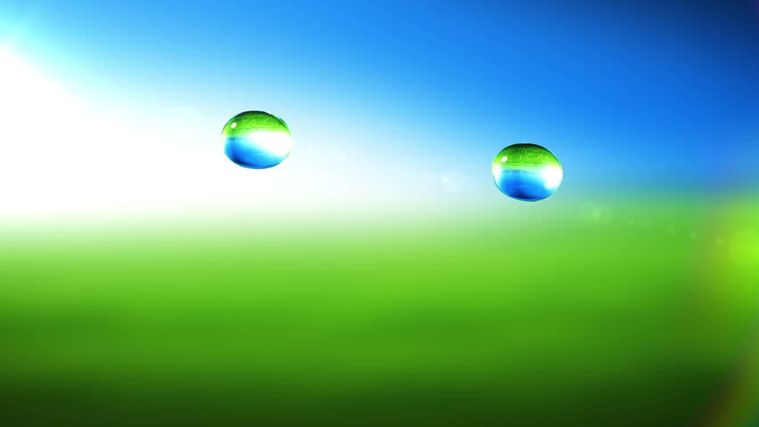 Drops collision in slow motion closeup. HD 1080. Green background.
