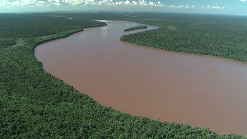 aerial view of long muddy river near Iquazu falls on Argentina/Brazil border