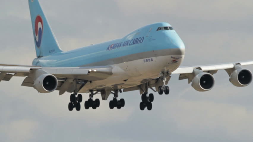 OSLO, NORWAY - MAY 2012: Korean Air Cargo Boeing 747-400 freight airplane landing at Oslo Airport Norway