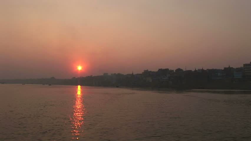 setting sun over Ganges and  Veranasi ,Agra, India