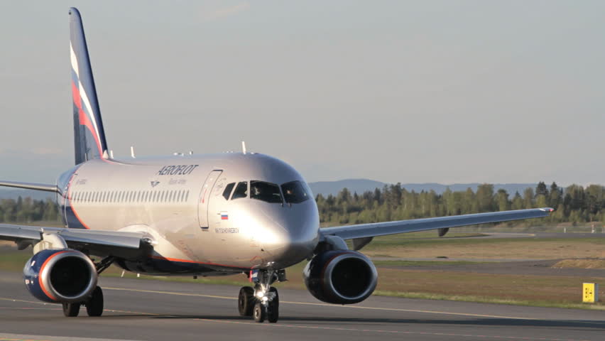 OSLO, NORWAY - MAY 20. 2012 : Sukhoi Superjet 100 at Oslo Airport, Norway. This aircraft model crashed on May 9. 2012 into Mount Salak, Indonesia killed all 45 aboard in a demo flight.