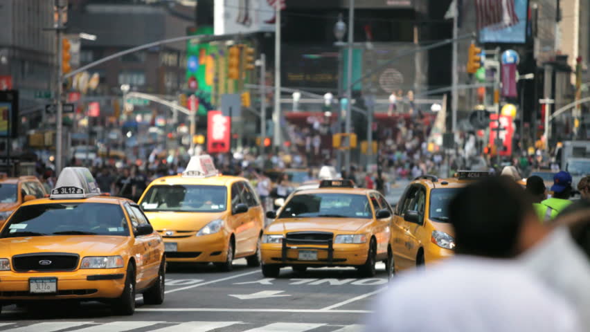 New York - Circa 2009: New York City traffic in 2009. Cabs driving in street traffic in New York City, New York.