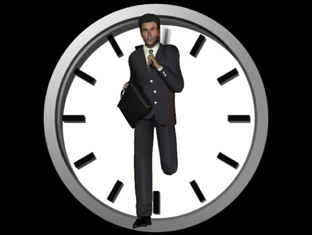 businessman running with a clock in the background and an alpha layer