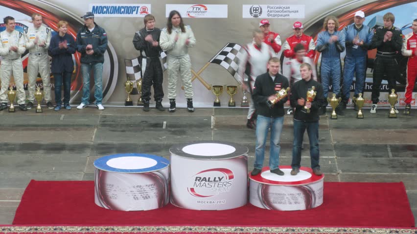 MOSCOW - APR 21: (Timelapse View) Winners rise by on pedestal, on Rally Masters Show, on April 29, 2012 in Moscow, Russia