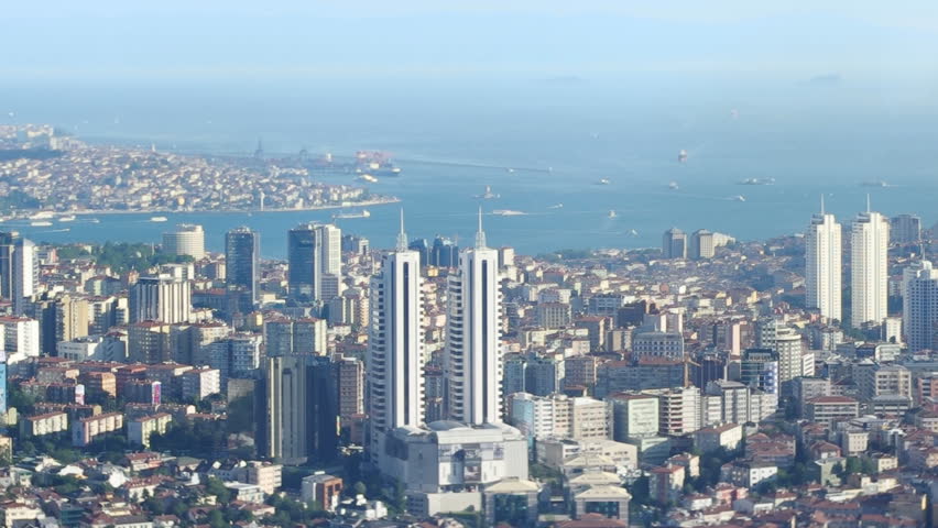 Aerial view of the Bosphorus strait and Marmara sea  through the city in Istanbul, Turkey. Fast motion movie.
