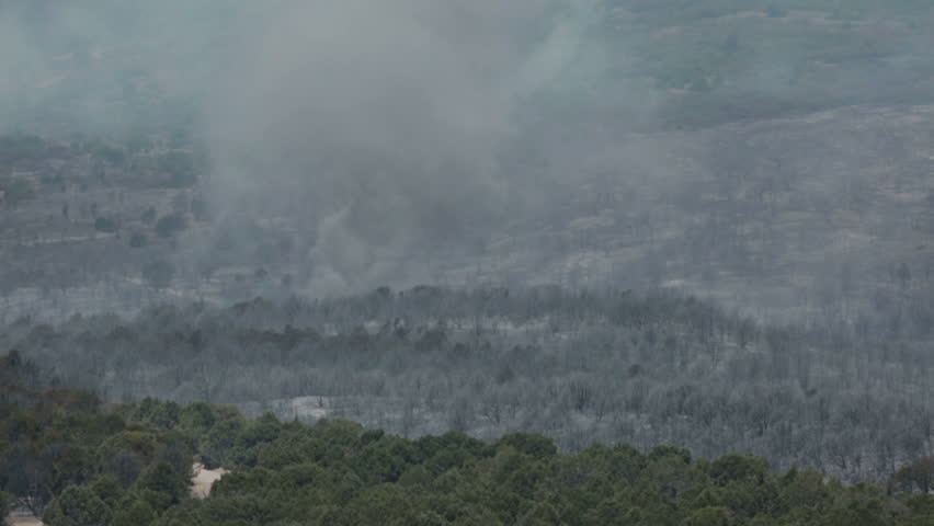 FAIRVIEW, SANPETE, UTAH 25 JUN 2012: Tornado dust devil twister across wildfire burn. Fire intense flames out of control on mountain. Wood Hollow central Utah. FEMA. Drought with strong summer winds.