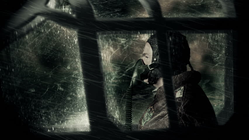 A vigilant WWII fighter pilot flying his plane through a heavy rain and lighting storm.
