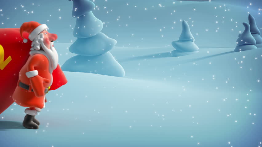 Santa Claus goes with a bag of gifts. 3d animation. 