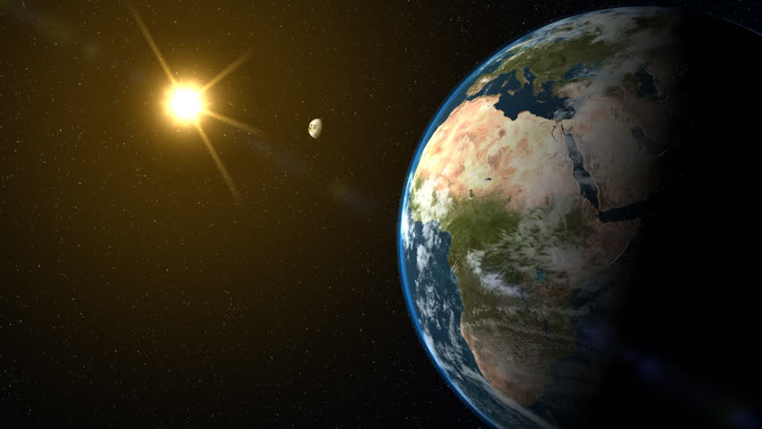 View of Earth from space with moon and sunlight in background.  High res image maps, with separate clouds, atmospheric layer and lens flare for added realism. NTSC also available.