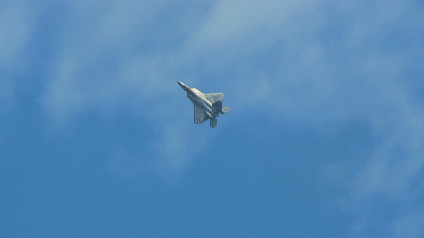 QUONSET, RHODE ISLAND - JUNE 2012: Air force F-22 Raptor nearly coming to a stop in mid-air at the Rhode Island National Guard Open House and Air Show in June 2012.
