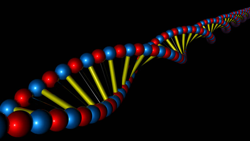 Colorful strand of DNA over a blue background. Seamlessly loops.