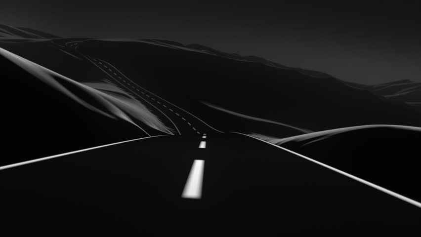 Go on an abstract road trip through the mountains. It has a kind of vector art look, and a slight dose of depth of field and motion blur for a touch of realism. 3D animation.
Black and white, sunset.