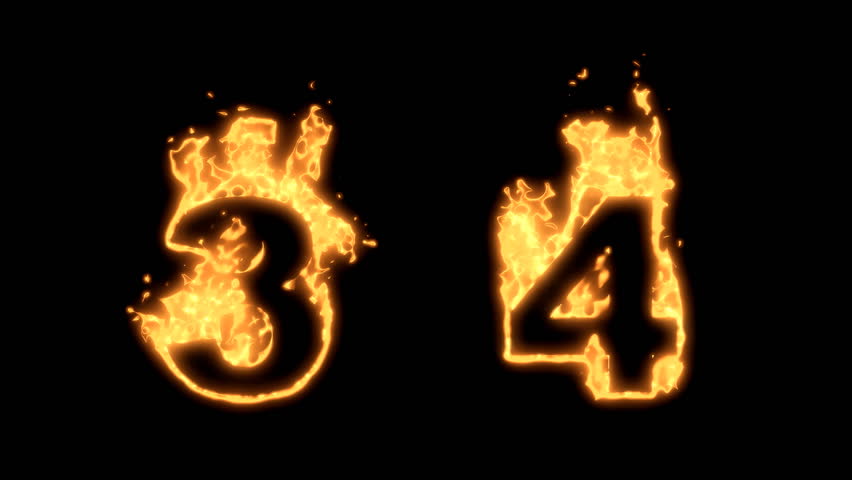 Flaming Alphabet. Numbers 3 and 4 bursting into flames. Part of a series an alphabet, numbers and other characters.